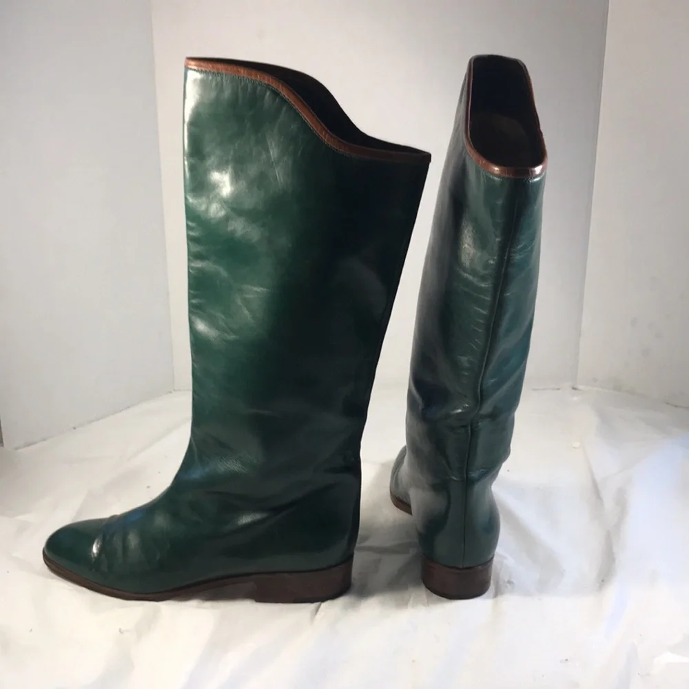 Pollini Vintage Dark Green & Tan Women's 14” Tall Luxury Leather Riding Boots